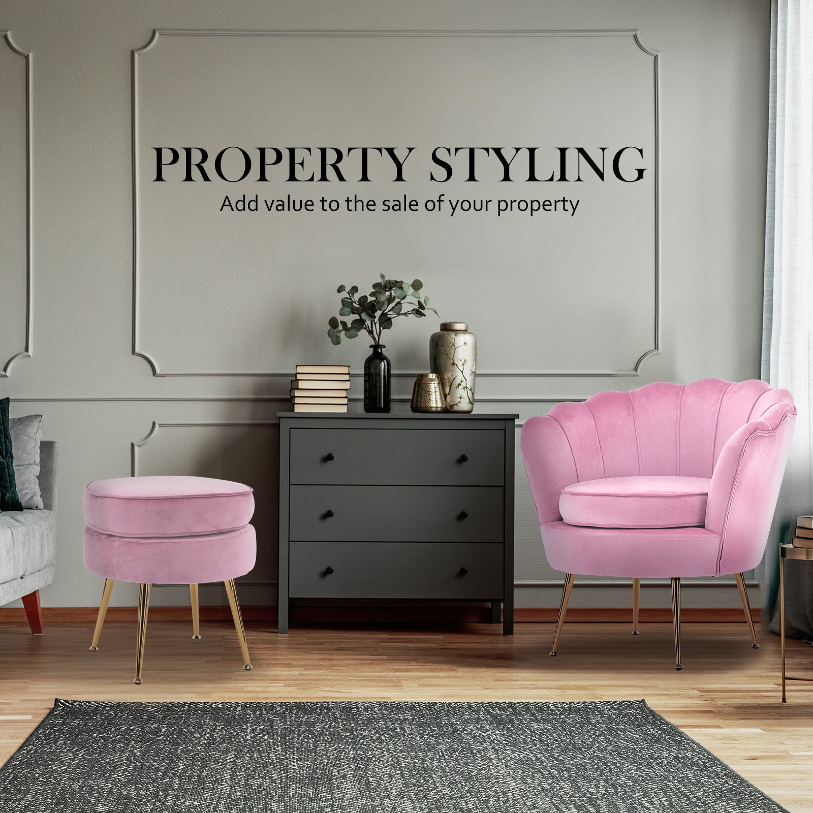 La Bella Shell Scallop Pink Armchair Accent Chair Velvet + Round Ottoman Footstool-Armchairs-PEROZ Accessories