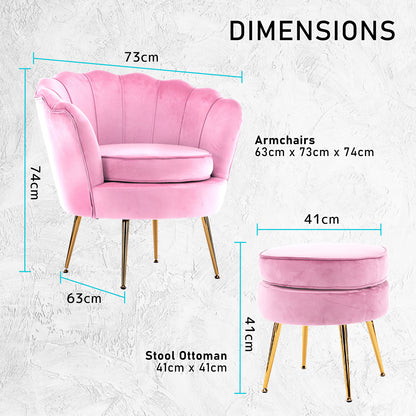 La Bella Shell Scallop Pink Armchair Accent Chair Velvet + Round Ottoman Footstool-Armchairs-PEROZ Accessories