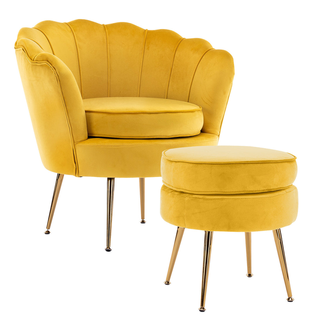 La Bella Shell Scallop Yellow Armchair Accent Chair Velvet + Round Ottoman Footstool-Furniture &gt; Bar Stools &amp; Chairs-PEROZ Accessories