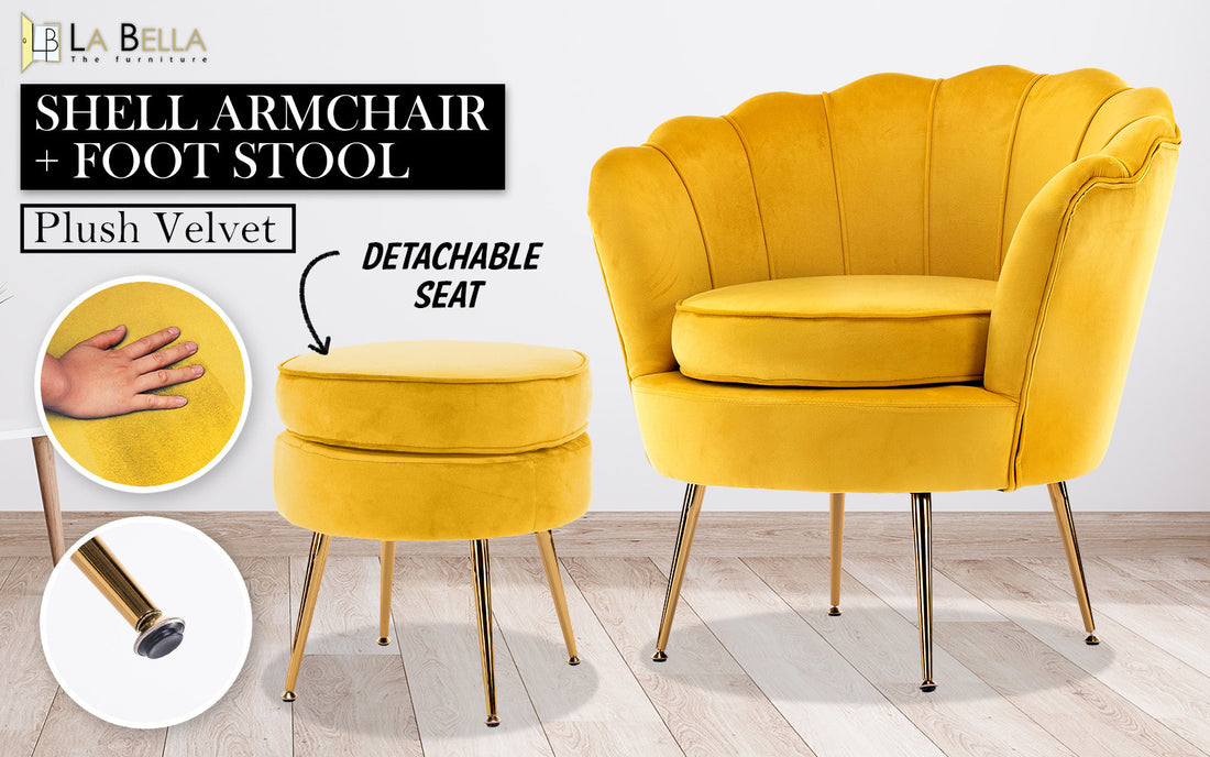 La Bella Shell Scallop Yellow Armchair Accent Chair Velvet + Round Ottoman Footstool-Furniture &gt; Bar Stools &amp; Chairs-PEROZ Accessories