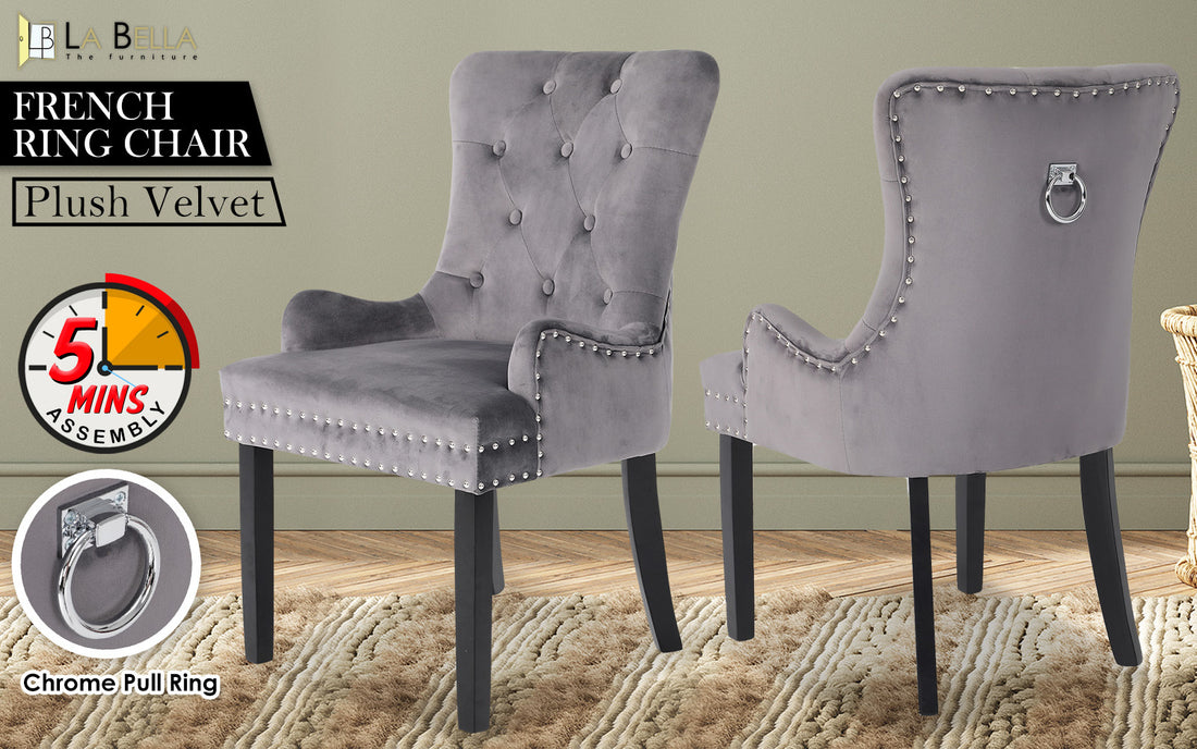La Bella Grey French Provincial Dining Chair Ring Studded Lisse Velvet Rubberwood-Furniture &gt; Bar Stools &amp; Chairs-PEROZ Accessories