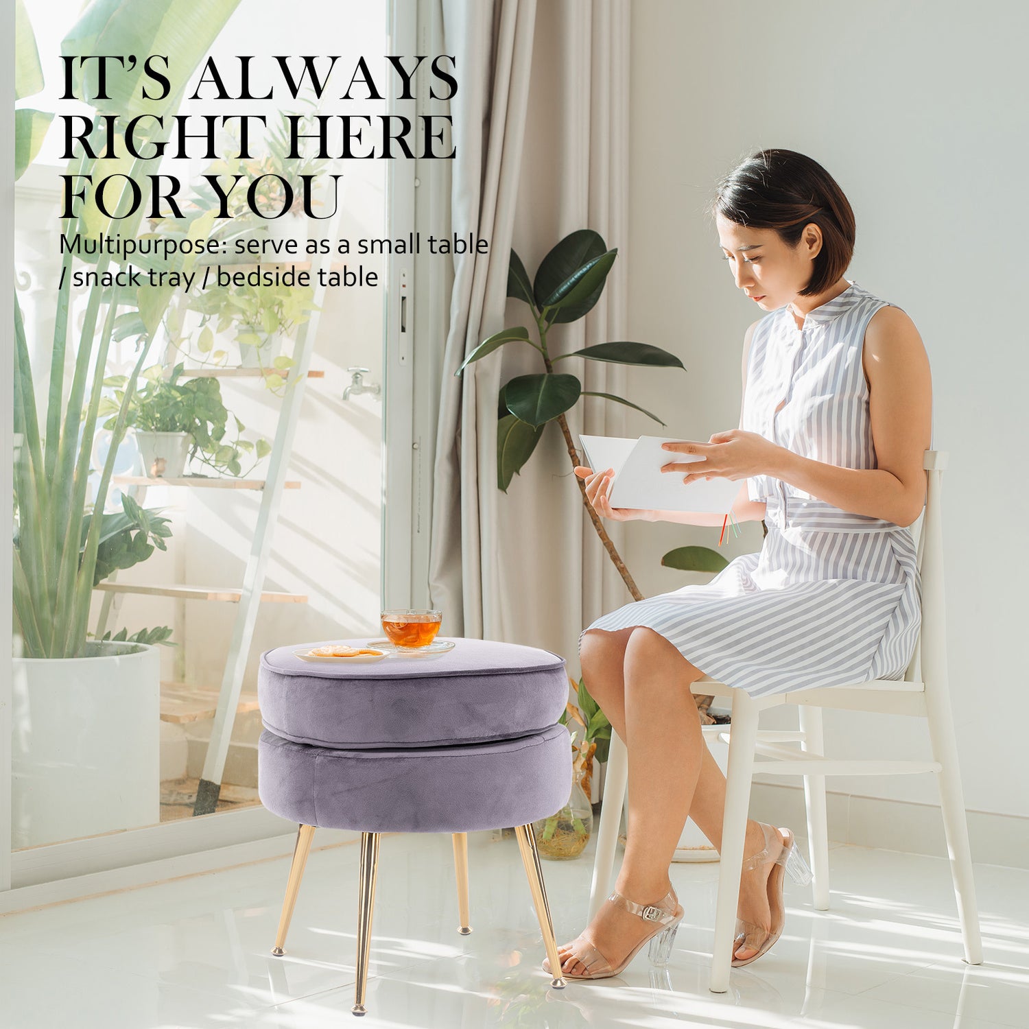 La Bella Grey Round Ottoman Foot Stool Velvet Fabric Metal Leg-Ottomans-PEROZ Accessories