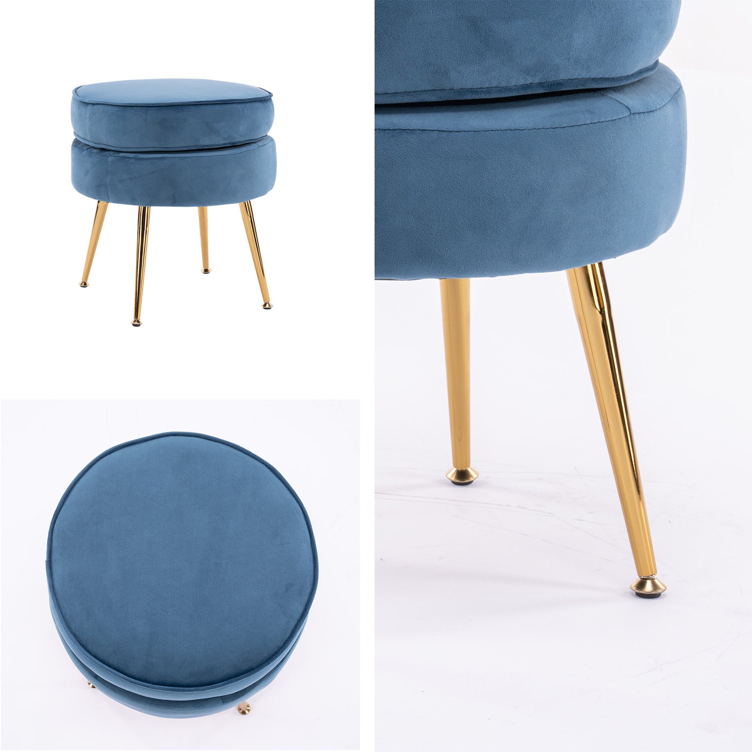 La Bella Navy Blue Round Ottoman Foot Stool Velvet Fabric Metal Leg-Ottomans-PEROZ Accessories