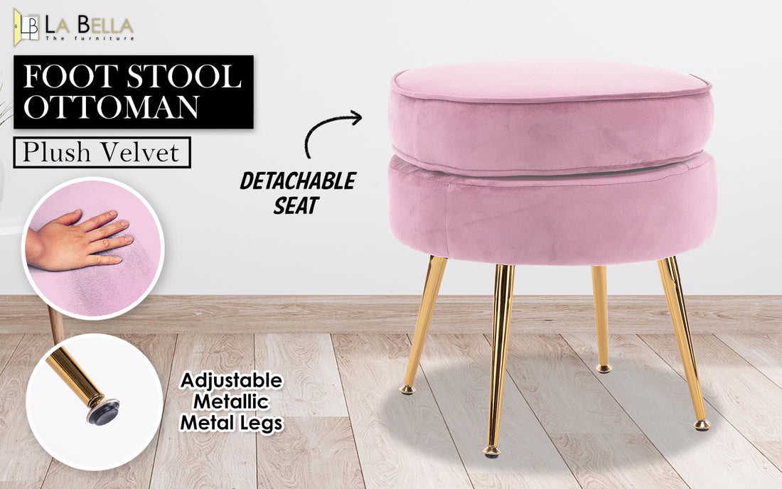 La Bella Pink Round Ottoman Foot Stool Velvet Fabric Metal Leg-Ottomans-PEROZ Accessories