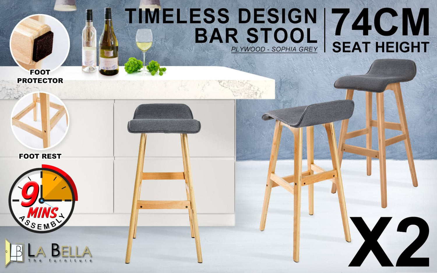 La Bella 2 Set 74cm Grey Wooden Bar Stool Sophia Fabric-Furniture &gt; Bar Stools &amp; Chairs-PEROZ Accessories