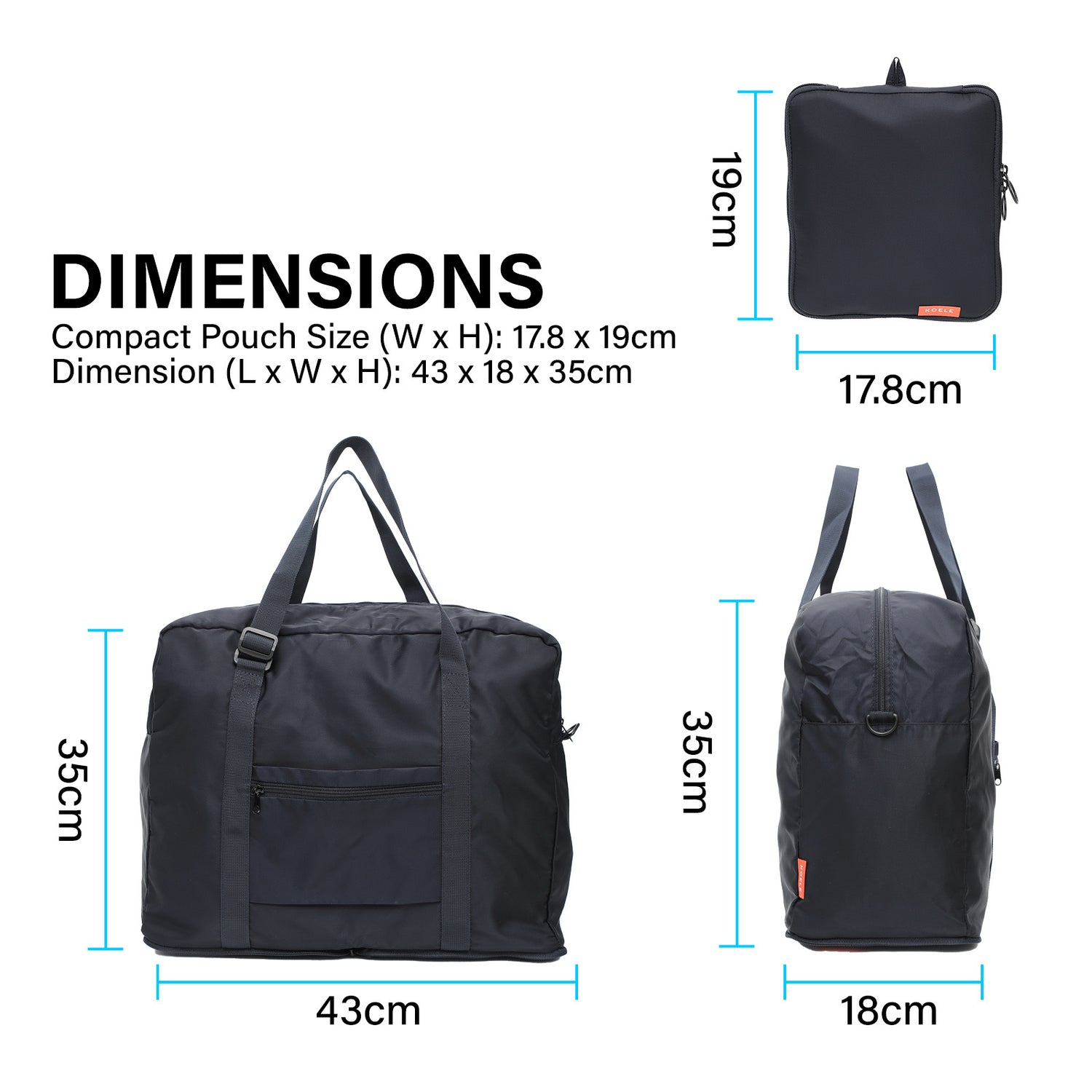 KOELE Navy Shopper Bag Travel Duffle Bag Foldable Laptop Luggage KO-BOSTON-Duffle Bags-PEROZ Accessories