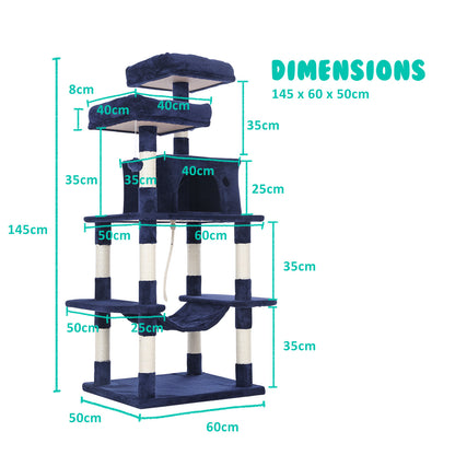 Paw Mate 145cm Blue Cat Tree WHISKY Sisal Scratching Post Scratcher Pole Condo House Tower-Pet Care &gt; Cat Supplies-PEROZ Accessories
