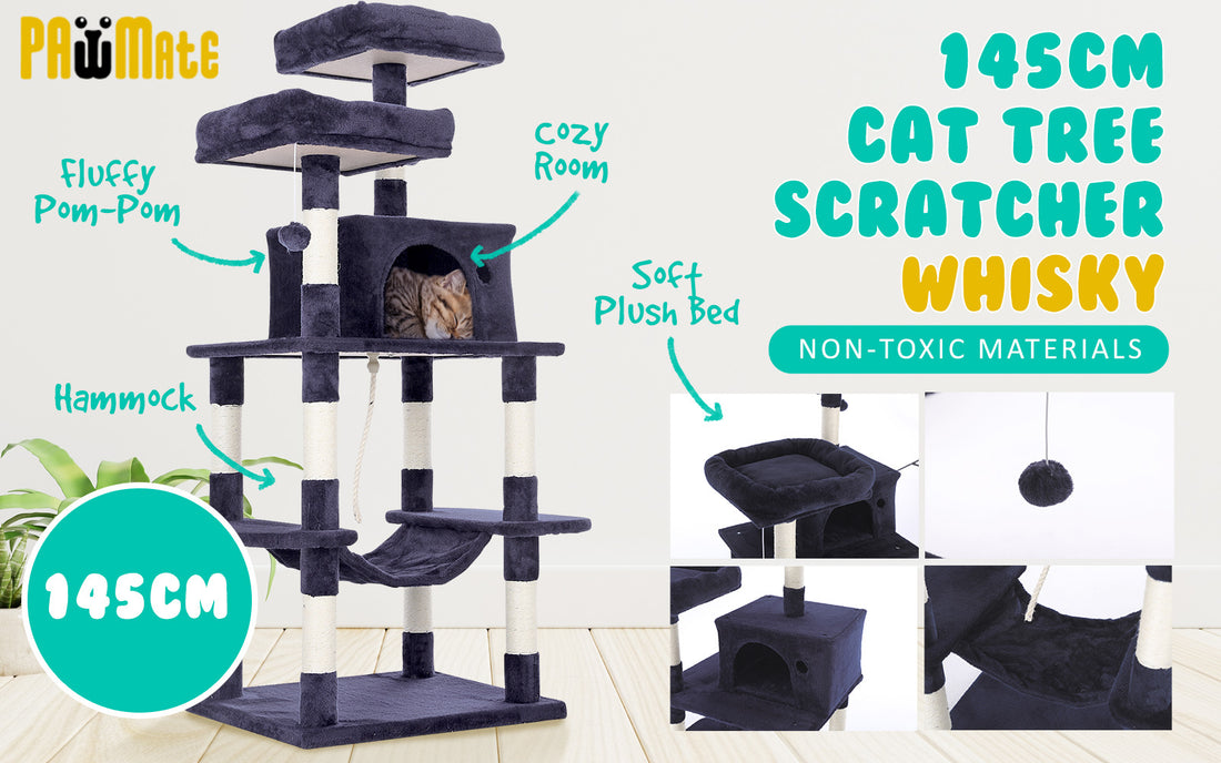 Paw Mate 145cm Grey Cat Tree WHISKY Sisal Scratching Post Scratcher Pole Condo House Tower-Pet Care &gt; Cat Supplies-PEROZ Accessories