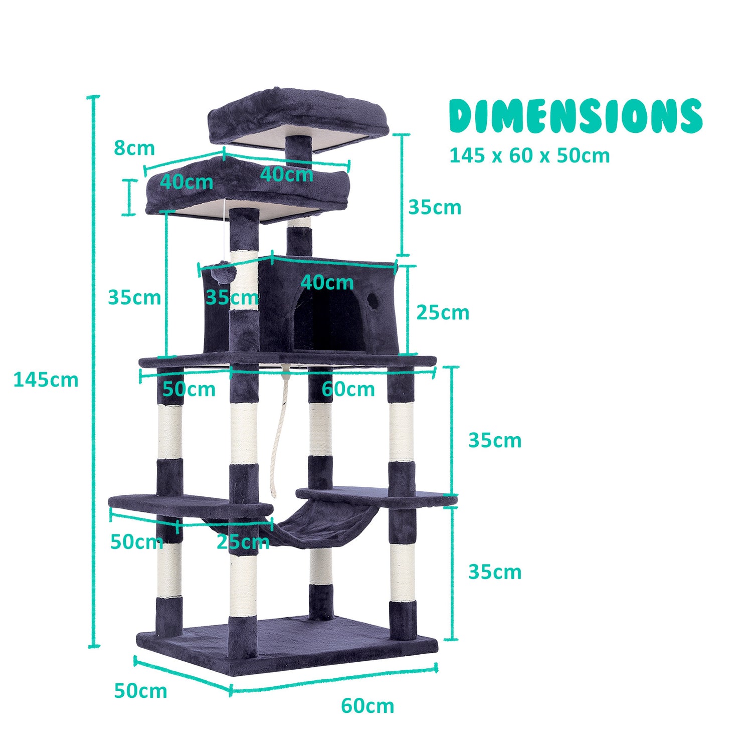 Paw Mate 145cm Grey Cat Tree WHISKY Sisal Scratching Post Scratcher Pole Condo House Tower-Pet Care &gt; Cat Supplies-PEROZ Accessories