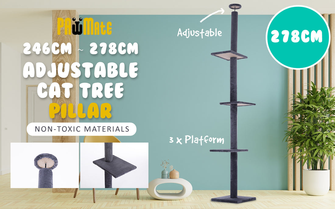 Paw Mate 278cm Grey Cat Tree PILLAR Scratcher Adjustable Floor to Ceiling Condo Tower-Pet Care &gt; Cat Supplies-PEROZ Accessories
