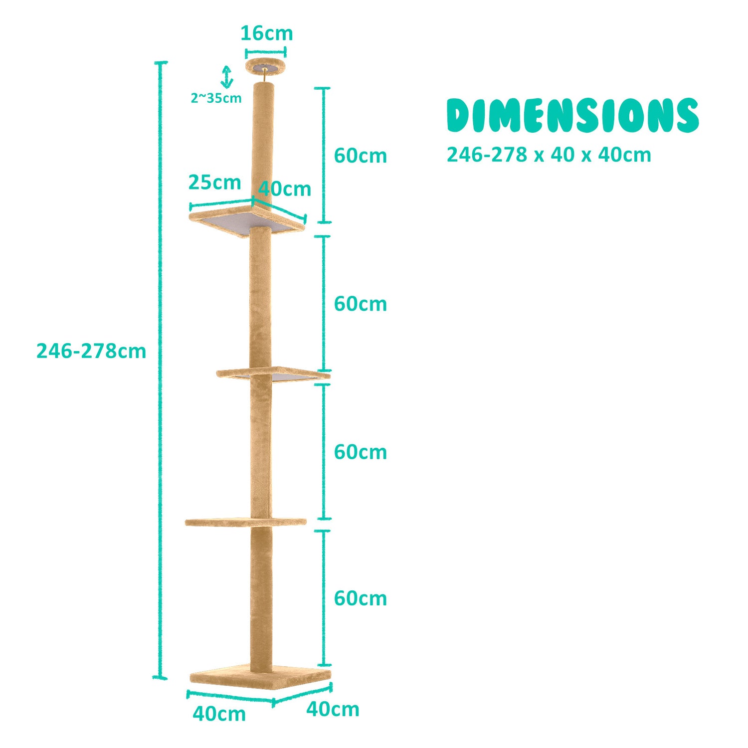 Paw Mate 278cm Brown Cat Tree PILLAR Scratcher Adjustable Floor to Ceiling Condo Tower-Pet Care &gt; Cat Supplies-PEROZ Accessories