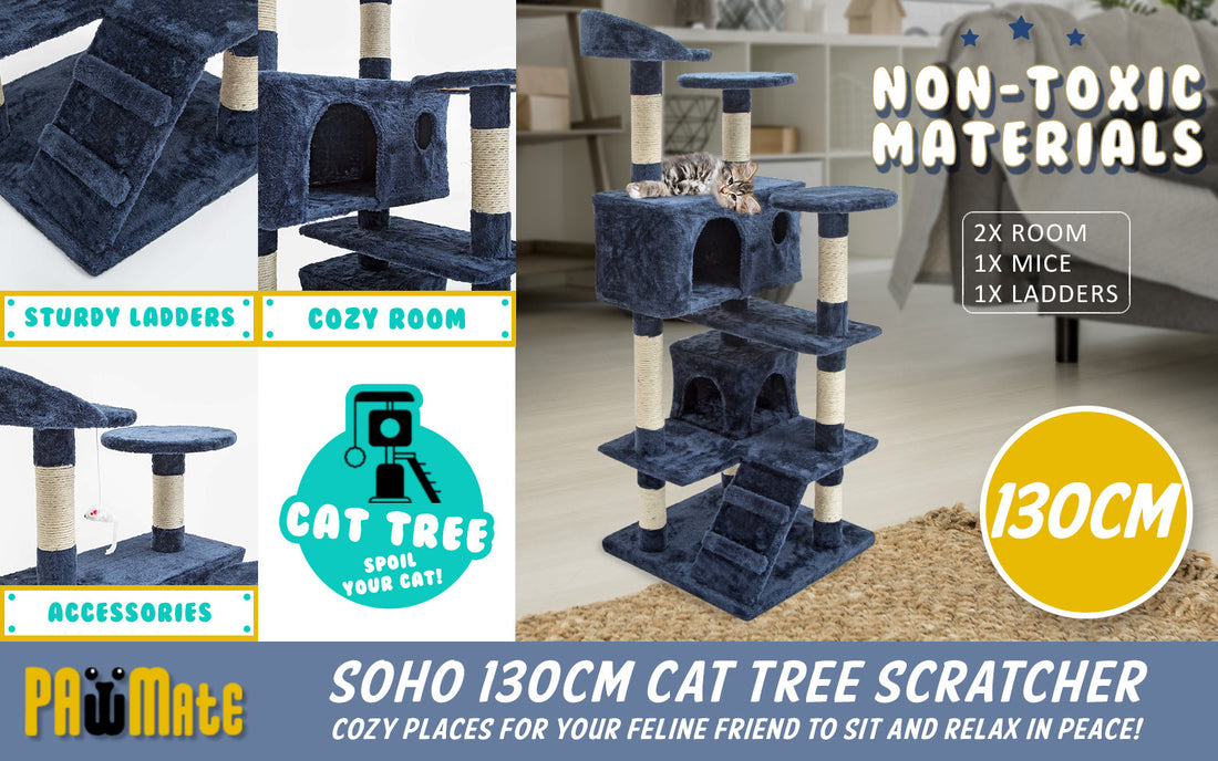 Paw Mate 130cm Blue Cat Tree Soho Multi Level Scratcher-Cat Trees-PEROZ Accessories
