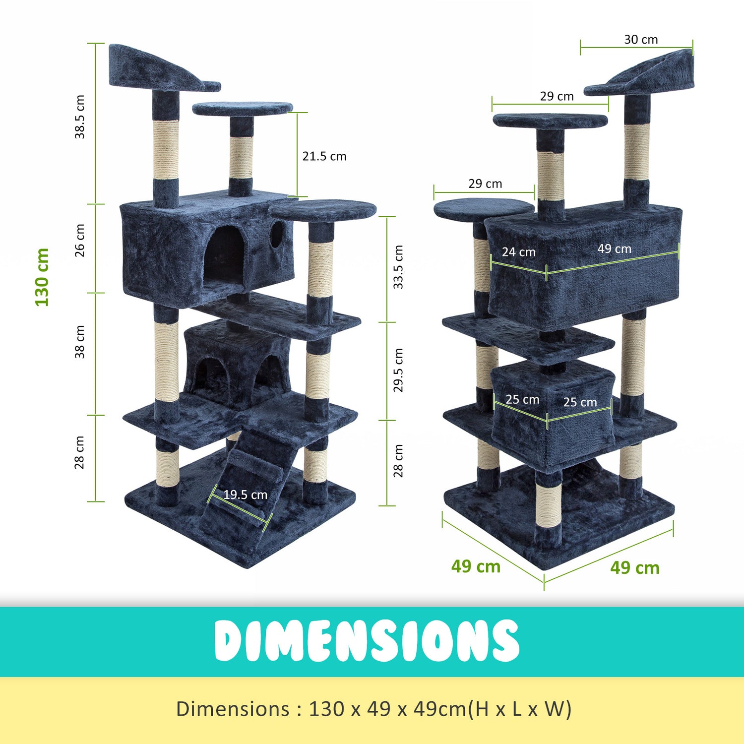 Paw Mate 130cm Blue Cat Tree Soho Multi Level Scratcher-Cat Trees-PEROZ Accessories