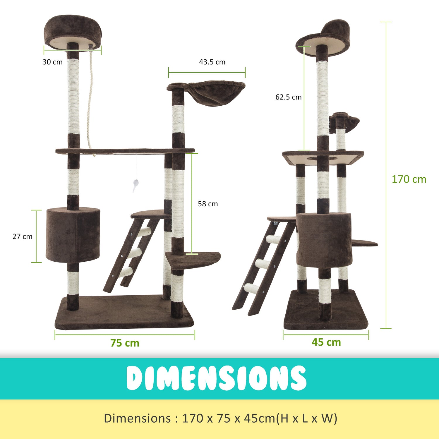 Paw Mate 170cm Brown Cat Tree Fuji Multi Level Scratcher-Cat Trees-PEROZ Accessories