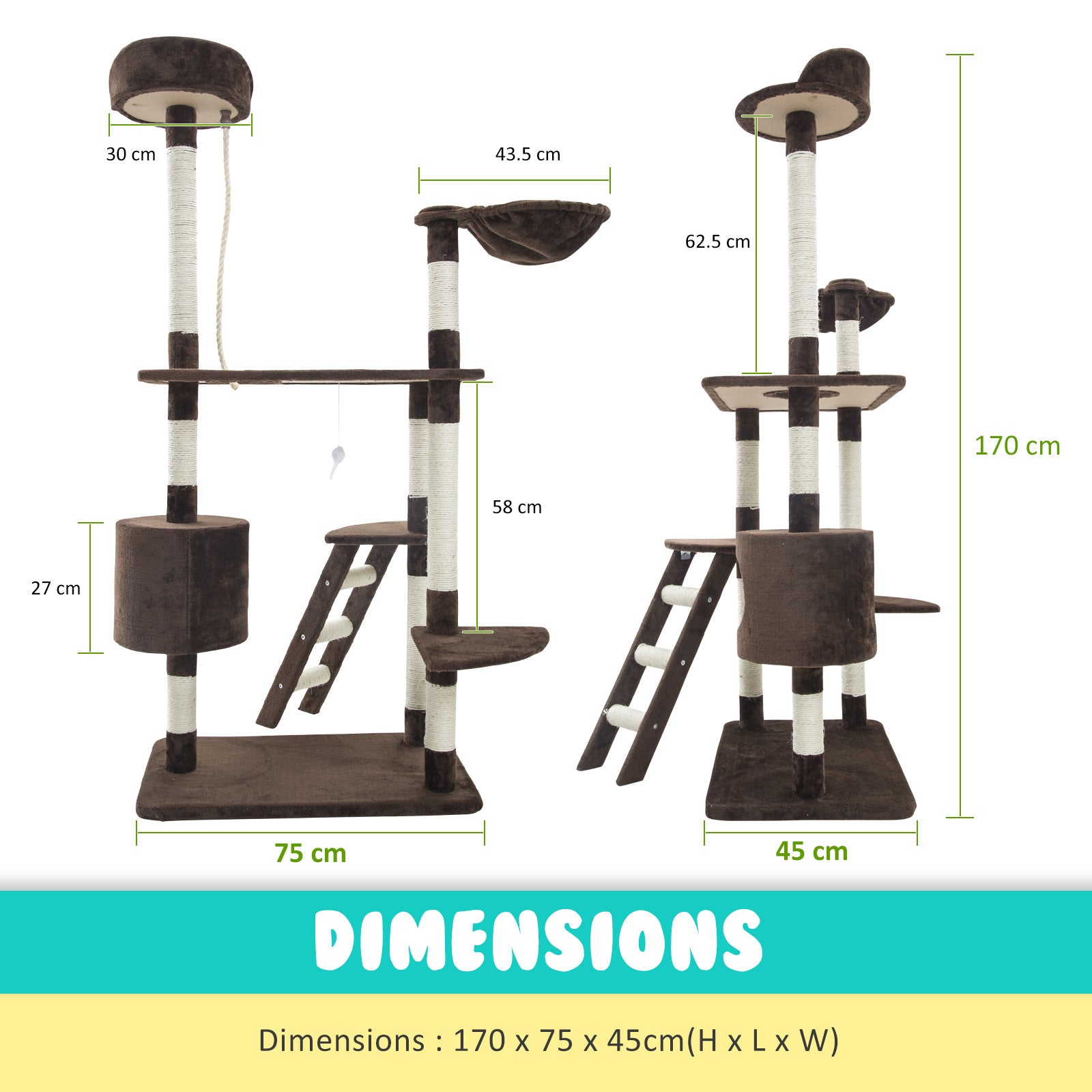 Paw Mate 170cm Brown Cat Tree Fuji Multi Level Scratcher-Cat Trees-PEROZ Accessories