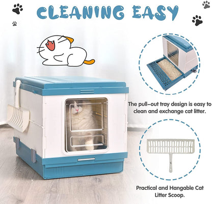 YES4PETS XL Portable Cat Toilet Litter Box Tray Foldable House with Handle and Scoop Blue-Pet Care &gt; Cat Supplies-PEROZ Accessories