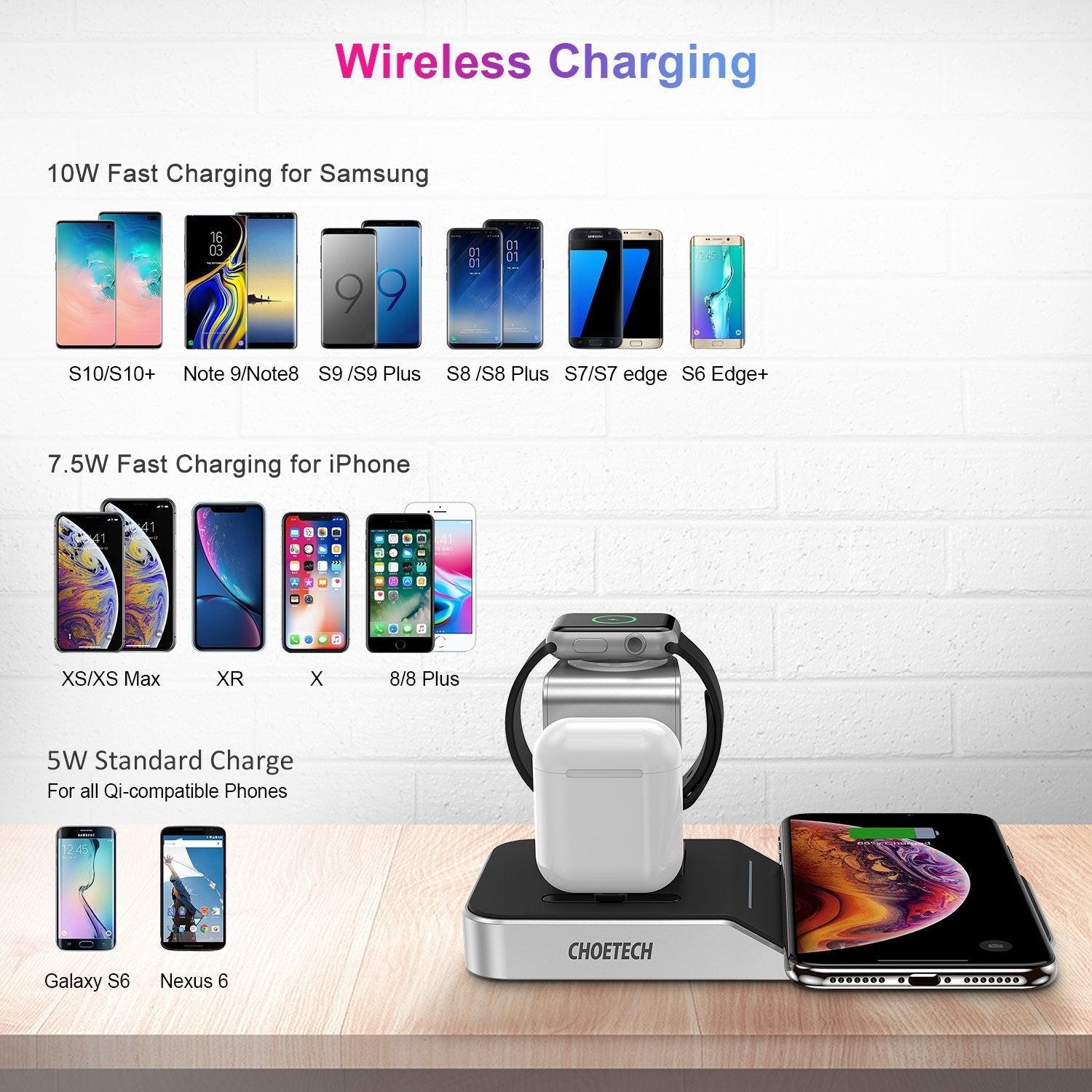 CHOETECH T316 4-in-1 Wireless Charging Station for iPhone/Apple Watch/iPod and all Qi Wireless Cell phones-Chargers-PEROZ Accessories