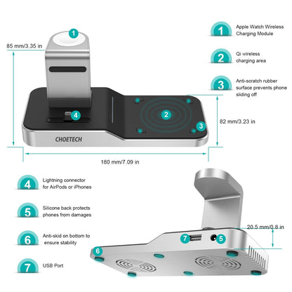 CHOETECH T316 4-in-1 Wireless Charging Station for iPhone/Apple Watch/iPod and all Qi Wireless Cell phones-Chargers-PEROZ Accessories