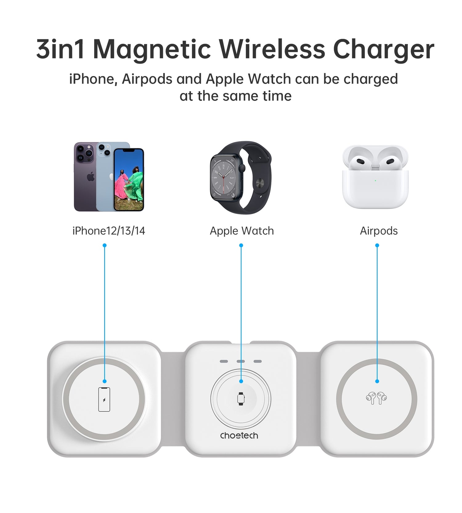 CHOETECH T588-F-WH 3-in-1 Foldable Fast Wireless Charger for Phone/Watch/Earphone-Electronics &gt; Mobile Accessories-PEROZ Accessories