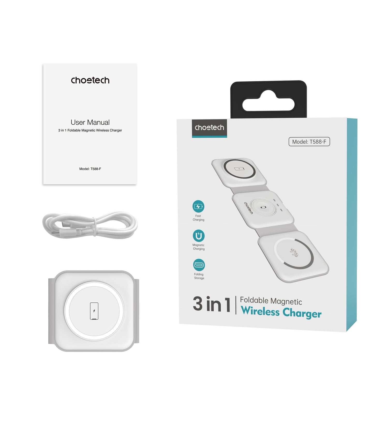 CHOETECH T588-F-WH 3-in-1 Foldable Fast Wireless Charger for Phone/Watch/Earphone-Electronics &gt; Mobile Accessories-PEROZ Accessories