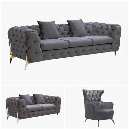 Grand Tufted Lounge - Dark Grey Velvet - Silver Legs-Furniture &gt; Sofas-PEROZ Accessories