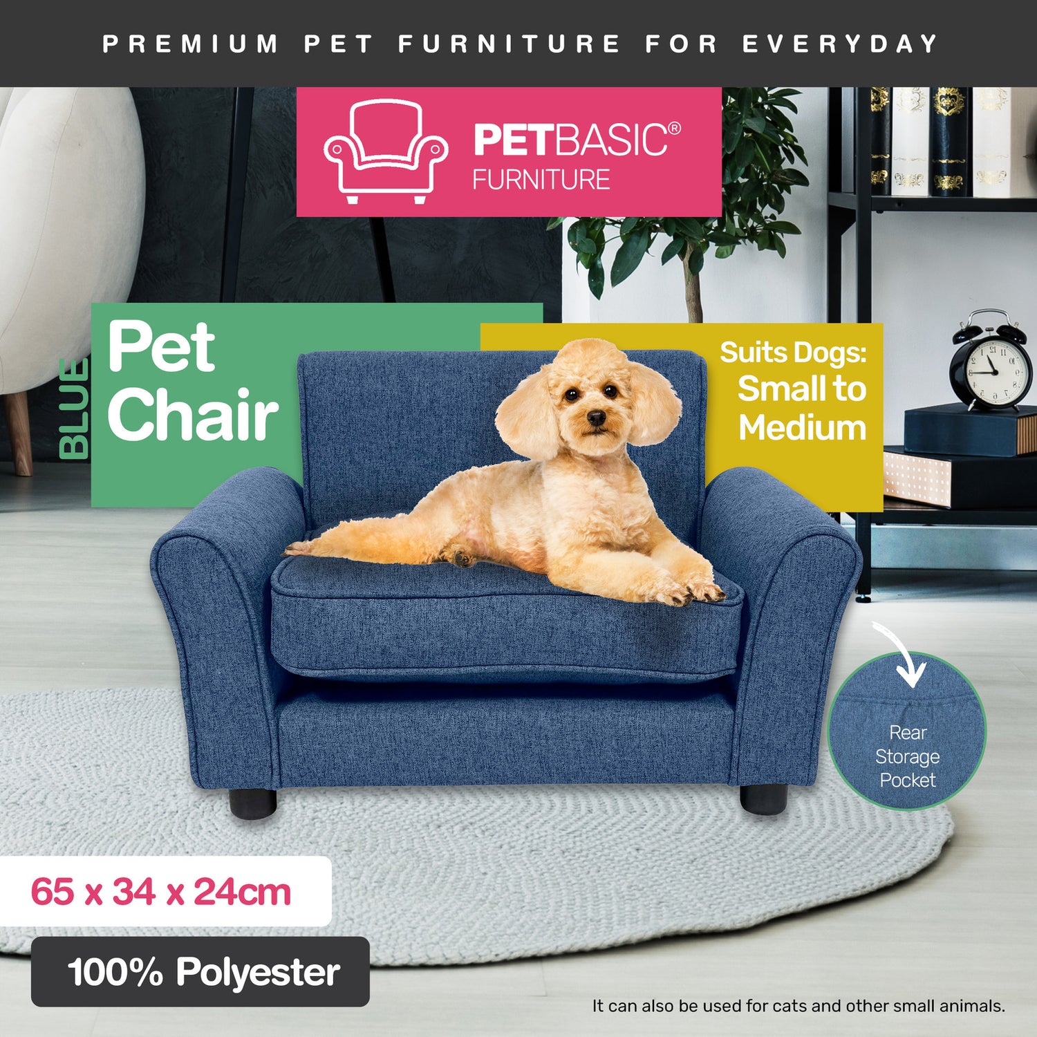 Pet Basic Pet Chair Bed Stylish Luxurious Sturdy Washable Fabric Blue 65cm-Pet Beds-PEROZ Accessories