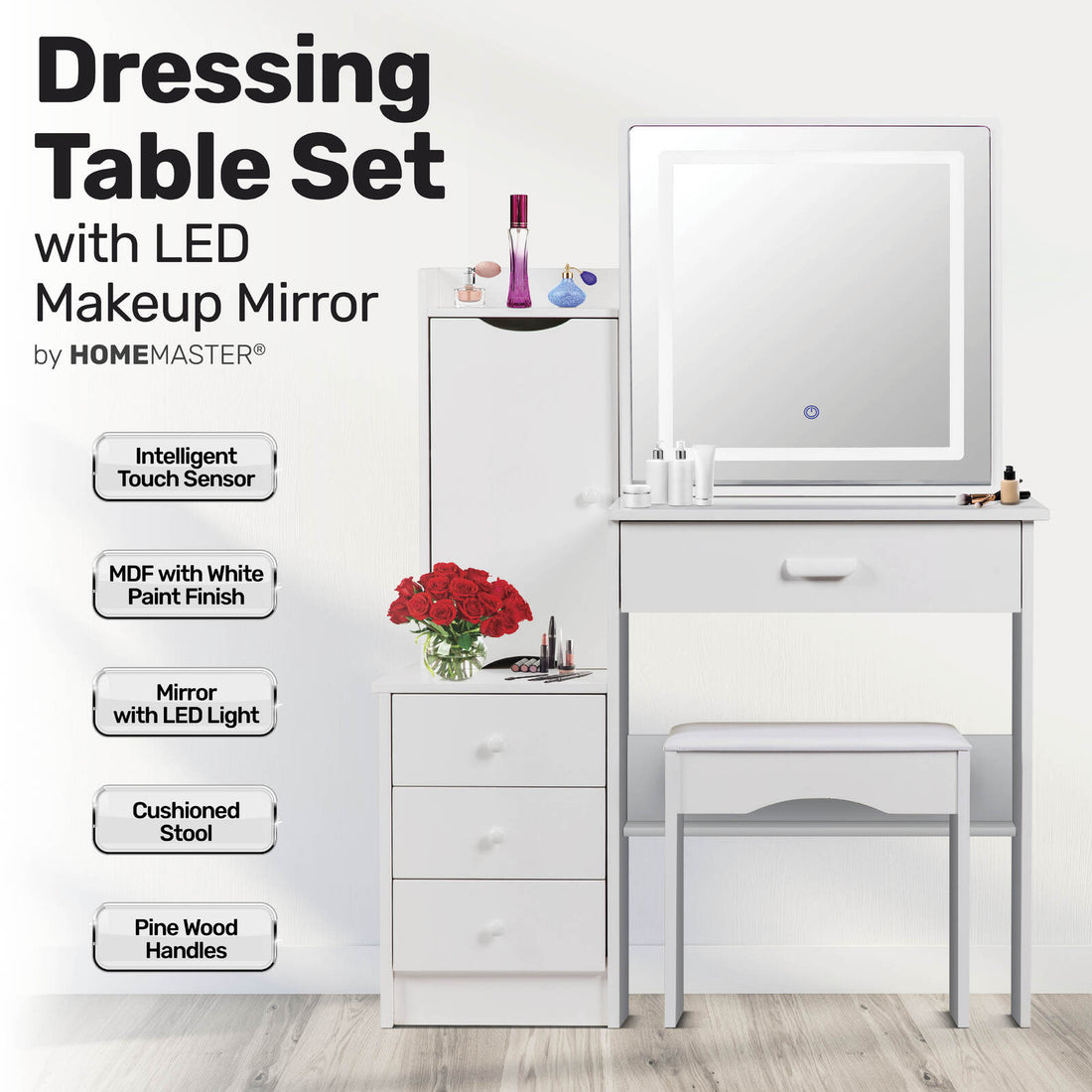 Home Master Dressing Table Set &amp; Stool Touch Sensor Mirror Stylish Design-Furniture &gt; Bedroom-PEROZ Accessories