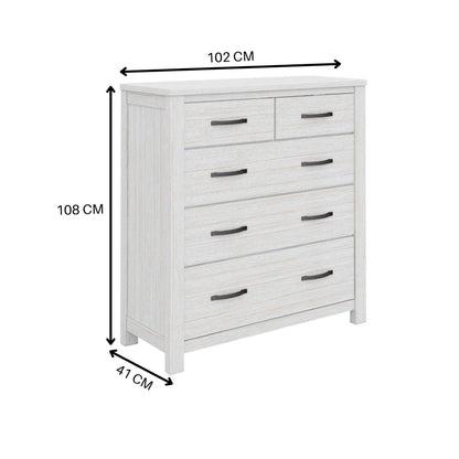 Foxglove Tallboy 5 Chest of Drawers Solid Ash Wood Bed Storage Cabinet - White-Furniture &gt; Bedroom-PEROZ Accessories