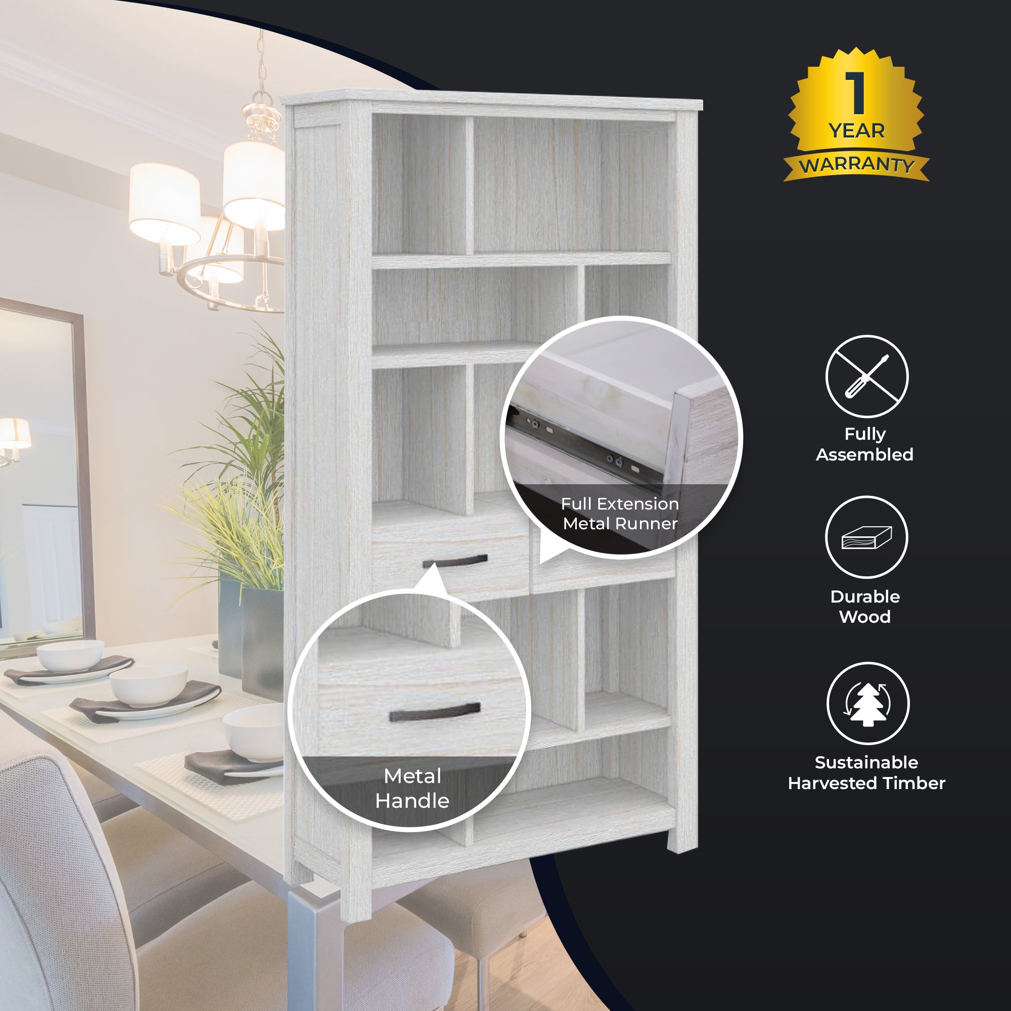 Foxglove Bookshelf Bookcase 5 Tier 2 Drawers Solid Mt Ash Timber Wood - White-Bookcases &amp; Shelves-PEROZ Accessories