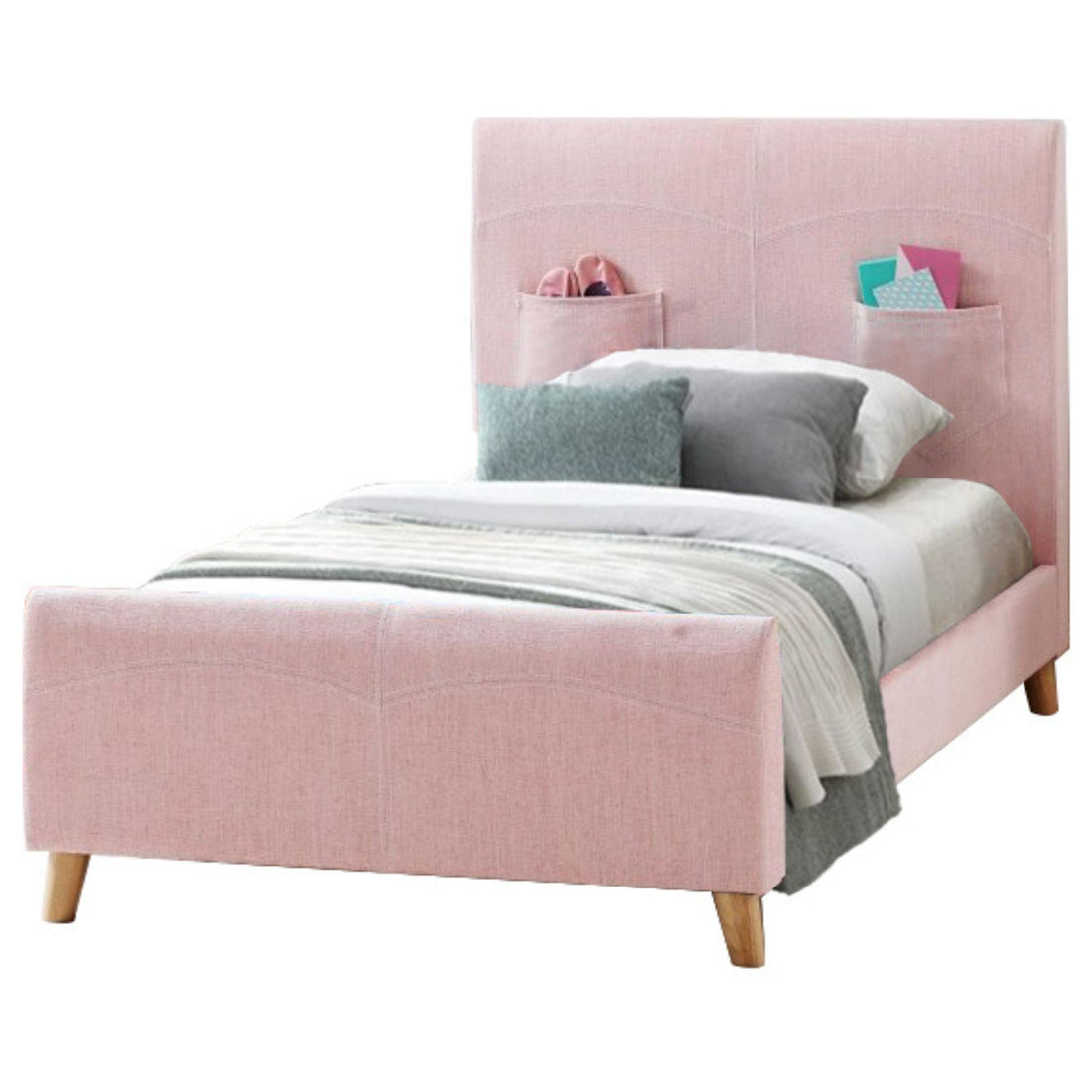 Phlox Kids Child Single Bed Fabric Upholstered Children Kid Timber Frame - Pink-Furniture &gt; Bedroom-PEROZ Accessories