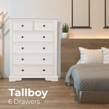 Celosia Tallboy 6 Chest of Drawers Solid Acacia Wood Bed Storage Cabinet - White-Furniture &gt; Bedroom-PEROZ Accessories