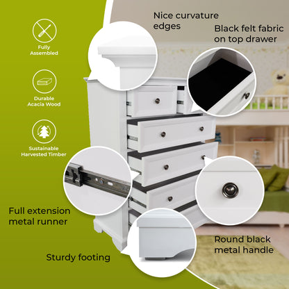 Celosia Tallboy 6 Chest of Drawers Solid Acacia Wood Bed Storage Cabinet - White-Furniture &gt; Bedroom-PEROZ Accessories