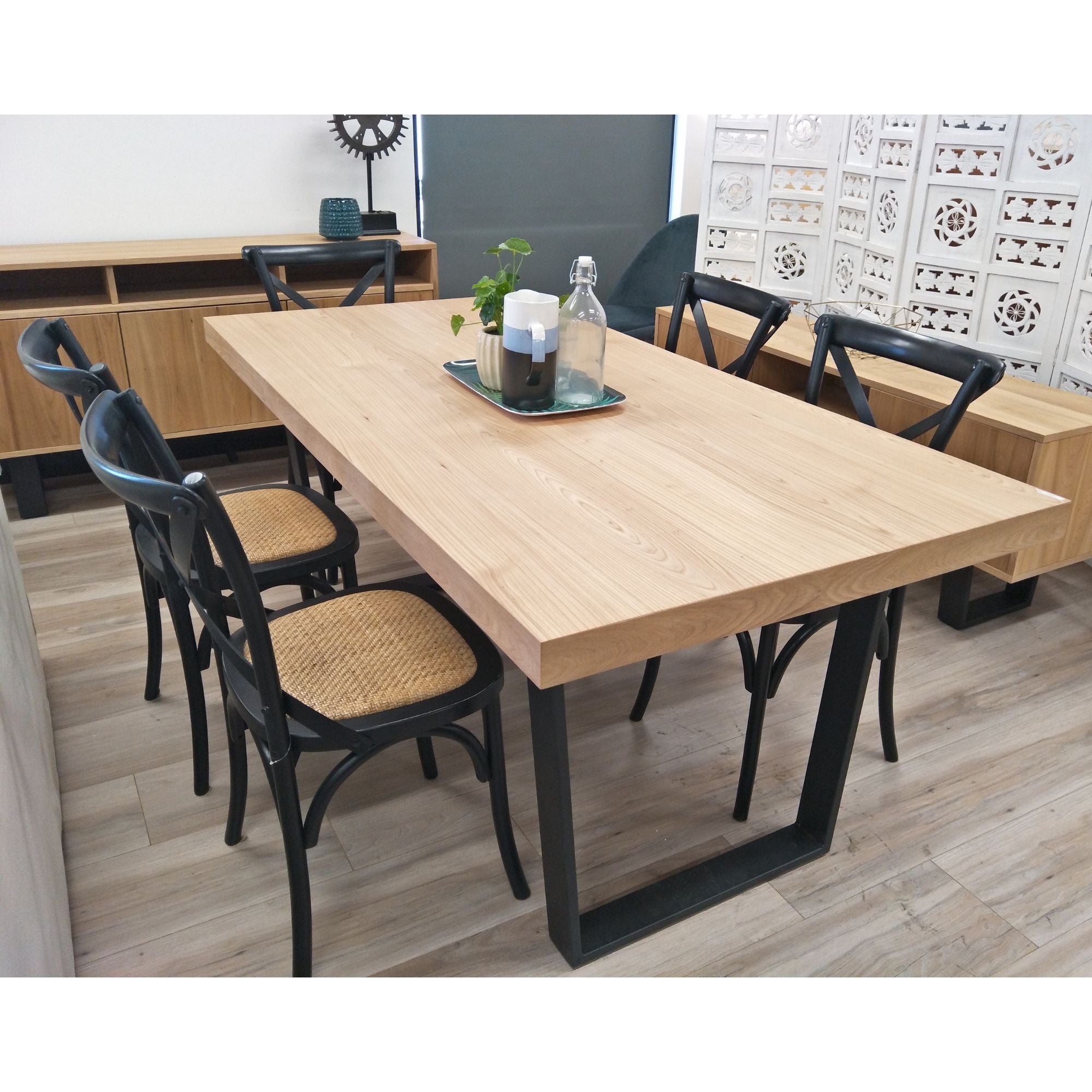 Petunia Dining Table 180cm Elm Timber Wood Black Metal Leg - Natural-Furniture &gt; Dining-PEROZ Accessories