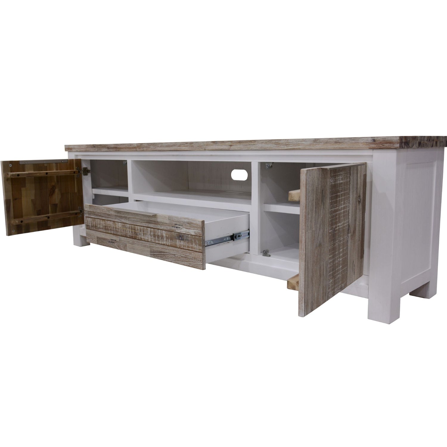 Plumeria ETU Entertainment TV Unit 210cm 2 Door Solid Acacia Timber -White Brush-Entertainment Unit-PEROZ Accessories