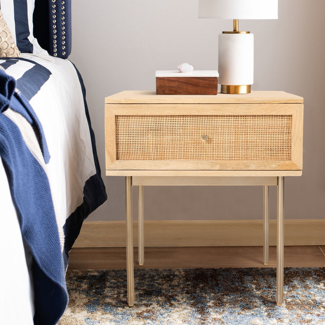 Martina Bedside Table 1 Drawer Storage Cabinet Solid Mango Wood Rattan-Furniture > Bedroom-PEROZ Accessories
