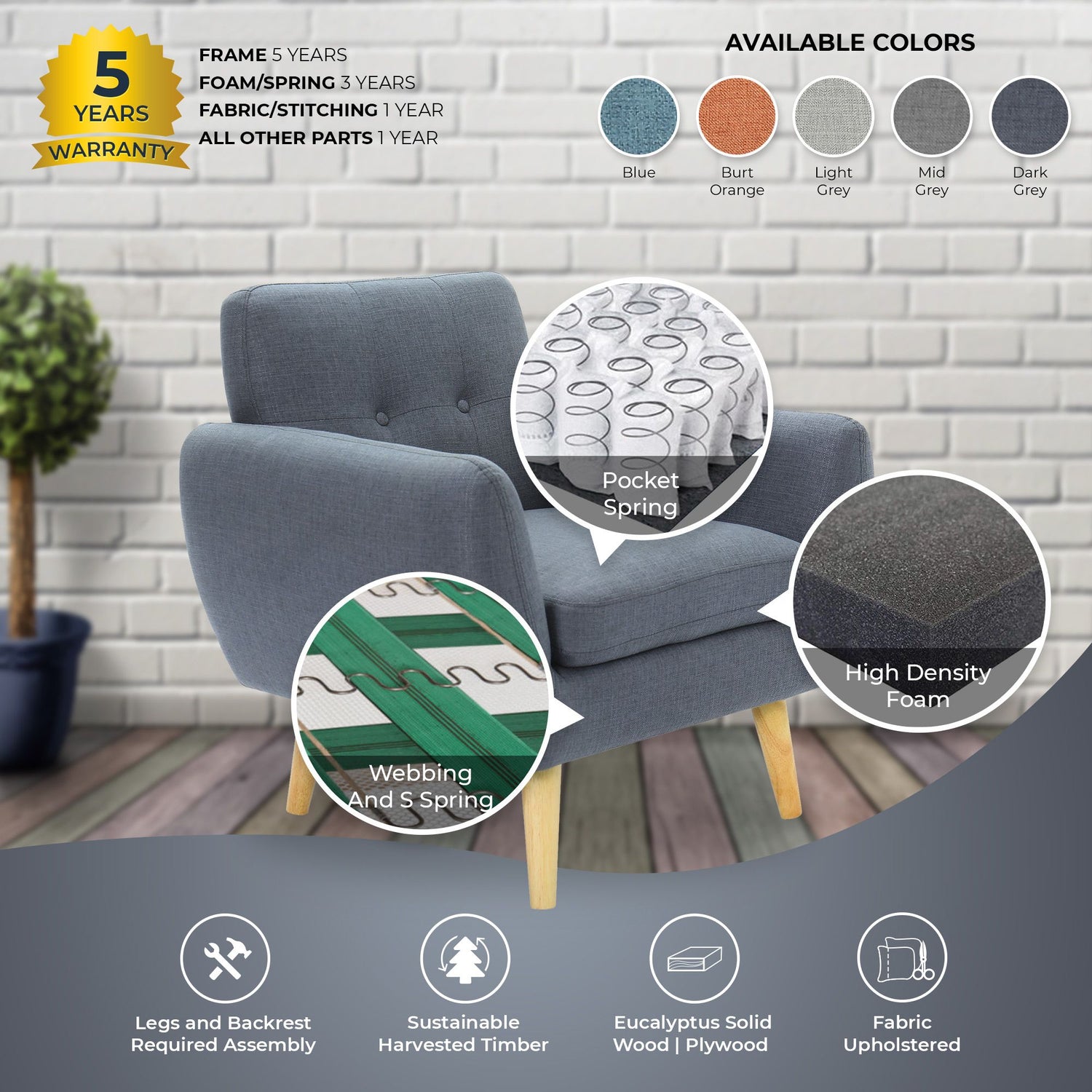 Dane Single Seater Fabric Upholstered Sofa Armchair Lounge Couch - Dark Grey-Furniture &gt; Sofas-PEROZ Accessories