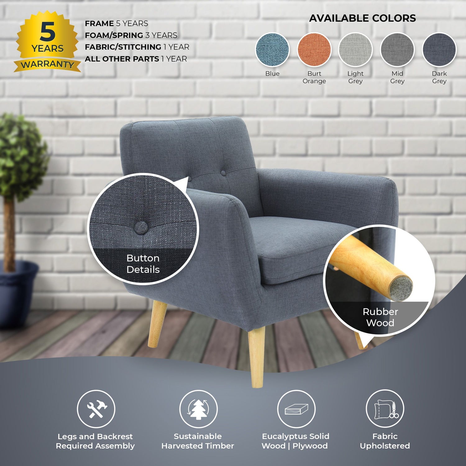 Dane Single Seater Fabric Upholstered Sofa Armchair Lounge Couch - Dark Grey-Furniture &gt; Sofas-PEROZ Accessories