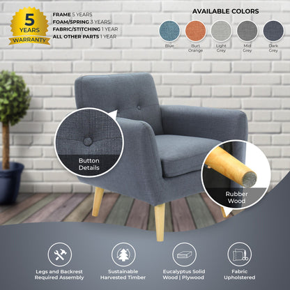 Dane Single Seater Fabric Upholstered Sofa Armchair Lounge Couch - Dark Grey-Furniture &gt; Sofas-PEROZ Accessories