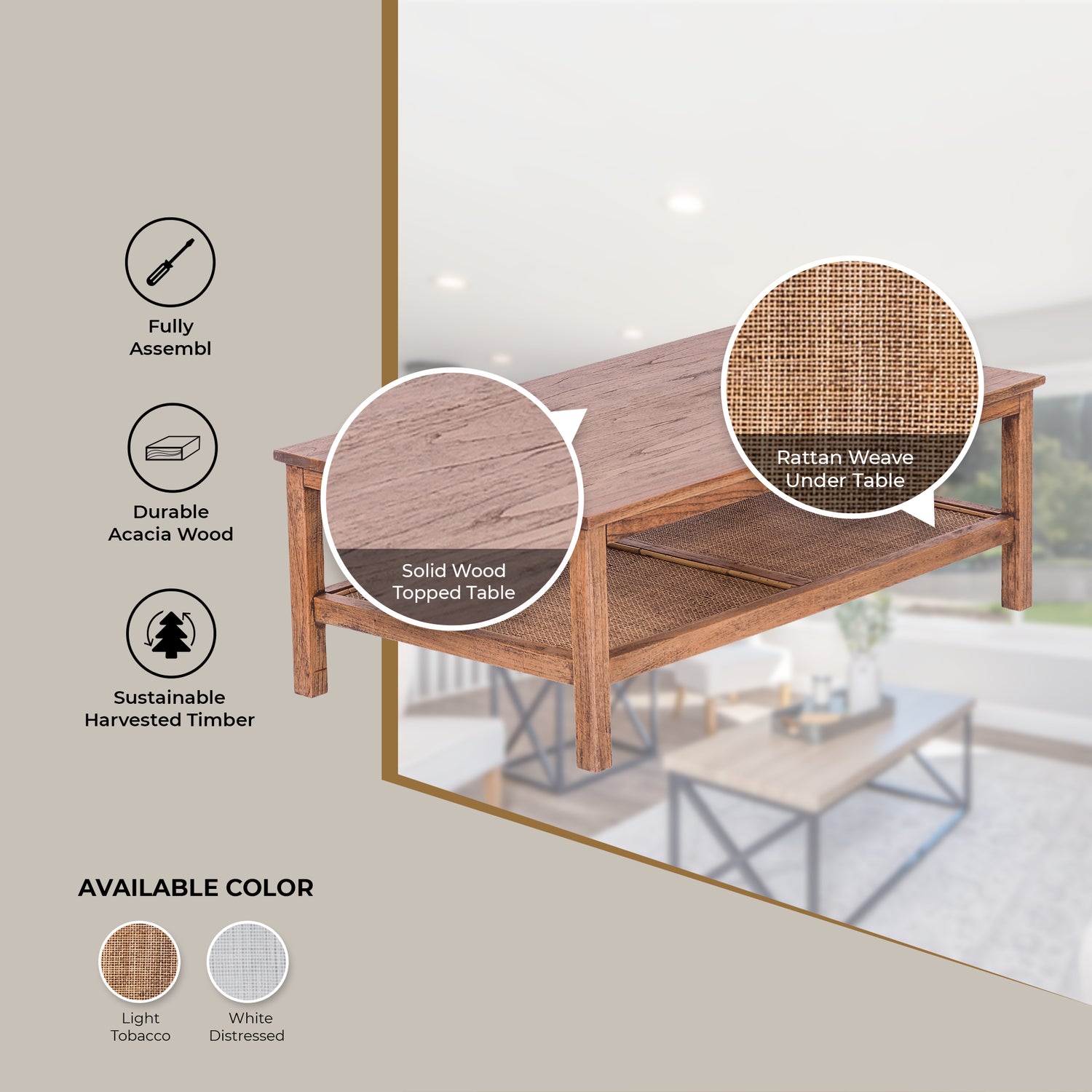Jasmine Coffee Table 110cm Mindi Timber Wood Rattan Weave - Brown-Furniture &gt; Living Room-PEROZ Accessories