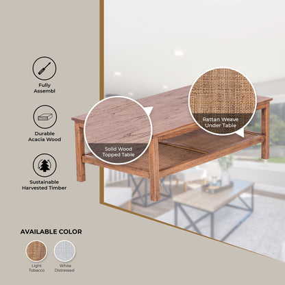 Jasmine Coffee Table 110cm Mindi Timber Wood Rattan Weave - Brown-Furniture &gt; Living Room-PEROZ Accessories