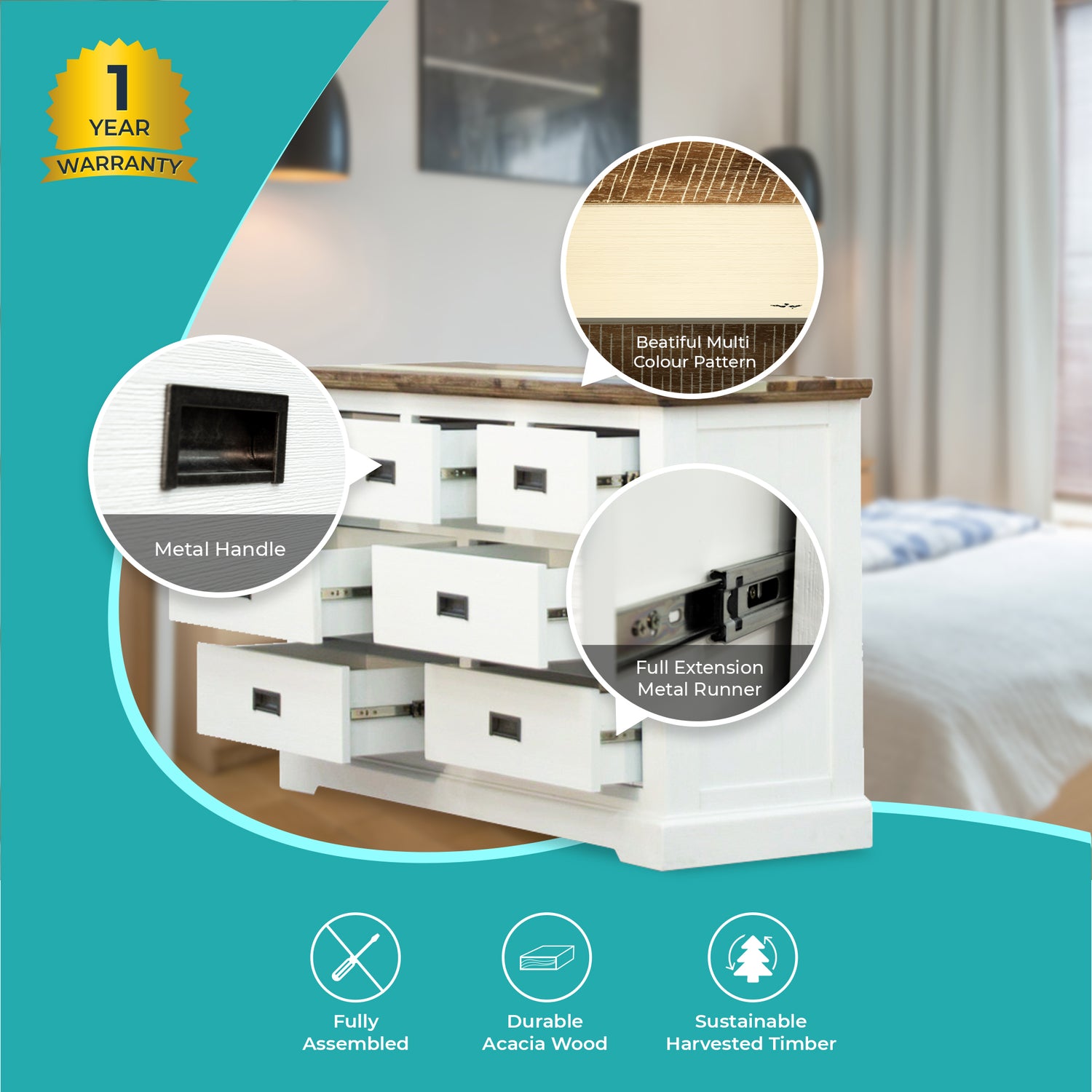 Orville Dresser 7 Chest of Drawers Solid Wood Storage Cabinet - Multi Color-Furniture &gt; Bedroom-PEROZ Accessories