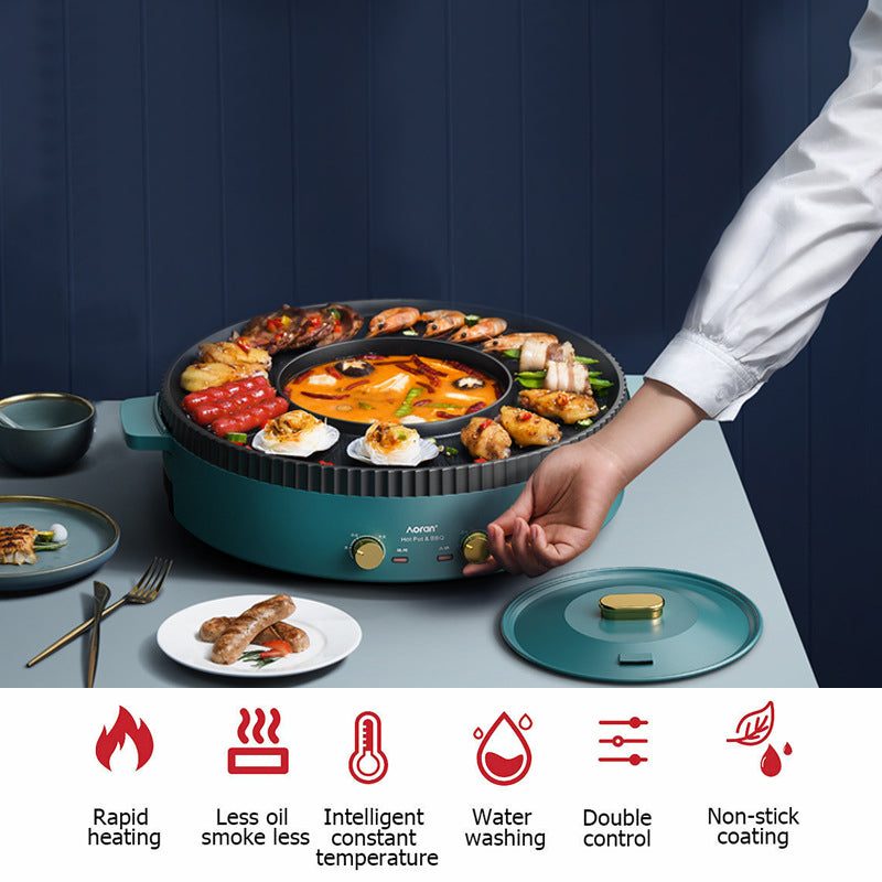 Nonstick Griddle,2in1 Grill Pan Hot Pot Hotpot bbq Electric Cooker Smokeless Grill Shabu Pot Cook-Appliances &gt; Kitchen Appliances-PEROZ Accessories