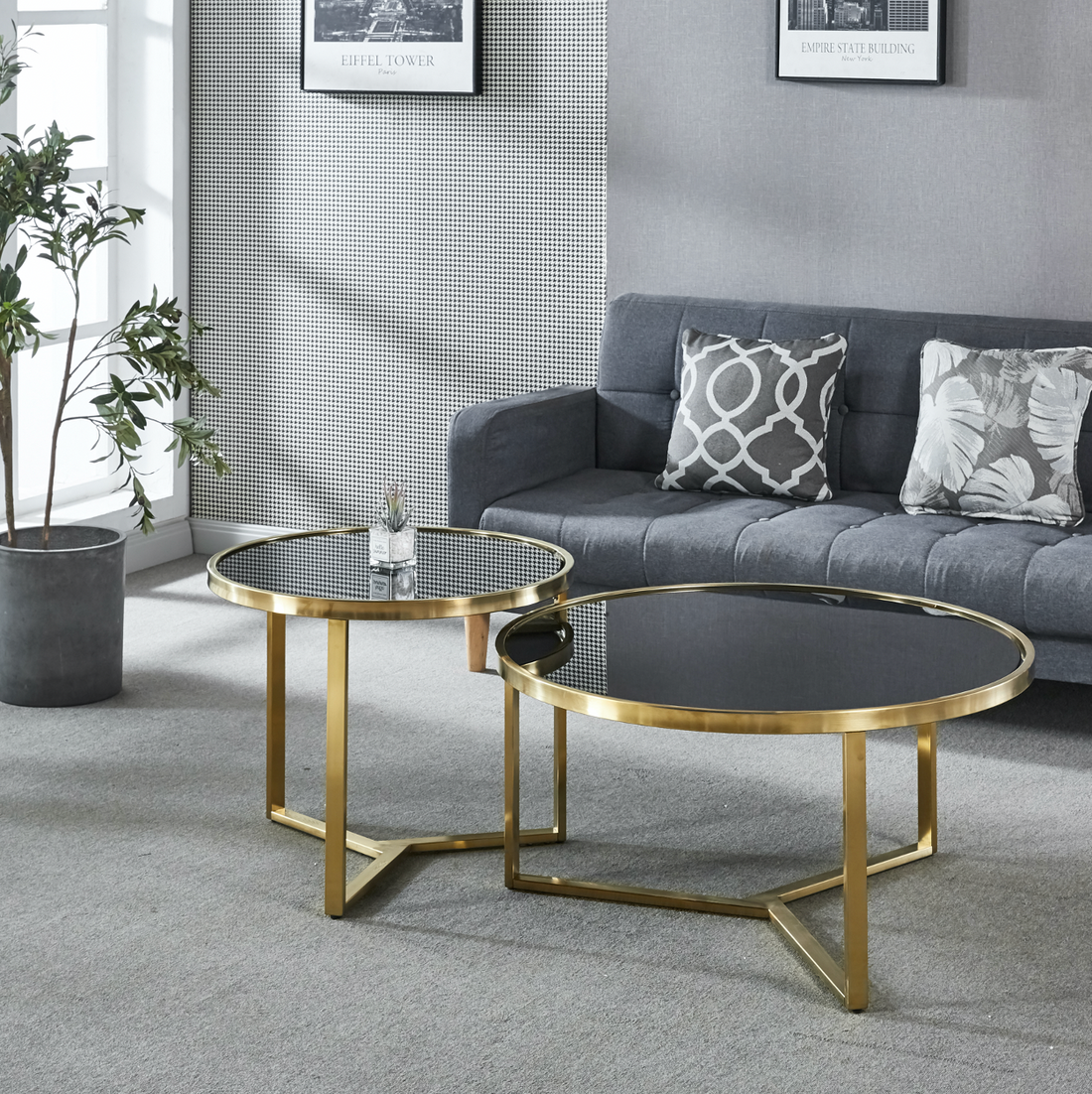 Interior Ave - Designer Giselle Black Glass &amp; Brushed Gold Coffee Table Set-Furniture &gt; Living Room-PEROZ Accessories