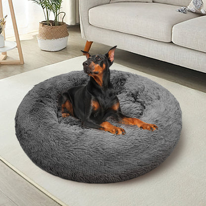 Dog Pet Cat Calming Bed Warm Plush Round Nest Comfy Sleeping Bed Dark Grey 90cm-Pet Beds-PEROZ Accessories