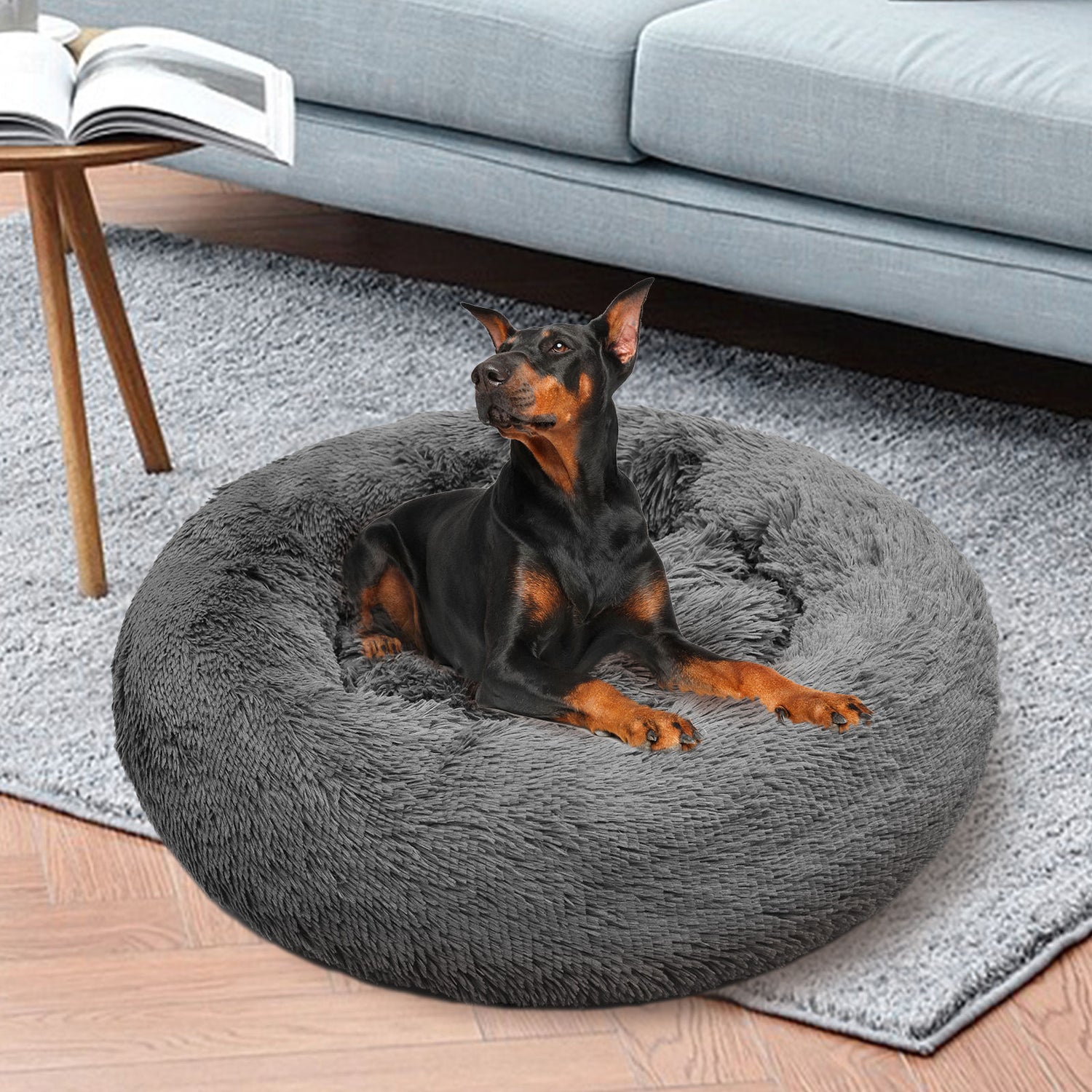 Dog Pet Cat Calming Bed Warm Plush Round Nest Comfy Sleeping Bed Dark Grey 90cm-Pet Beds-PEROZ Accessories