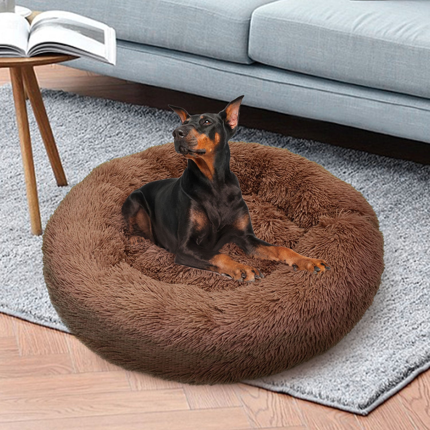 Pet Dog Bedding Warm Plush Round Comfortable Dog Nest Light Coffee Large 90cm-Pet Beds-PEROZ Accessories