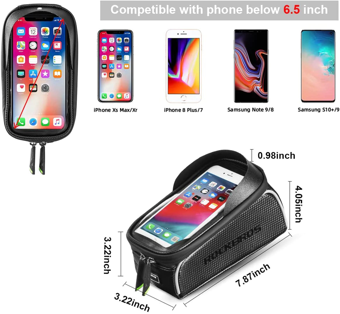 Top Tube Bike Bag With Phone Case Holder Plastic Cover for MTB Mountain Road Commuter Ebike Tourer or Scooter Rockbros-Sports &amp; Fitness &gt; Bikes &amp; Accessories-PEROZ Accessories