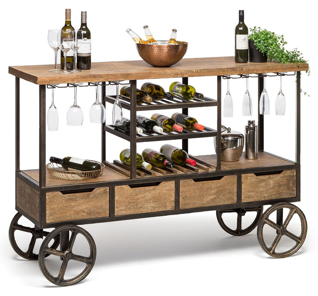 Industrial Style Wooden Bar Cart Drinks Trolley Station with Wine Bottle Rack-Furniture &gt; Living Room-PEROZ Accessories