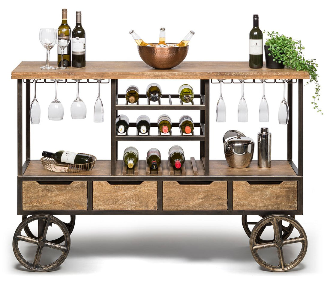 Industrial Style Wooden Bar Cart Drinks Trolley Station with Wine Bottle Rack-Furniture &gt; Living Room-PEROZ Accessories