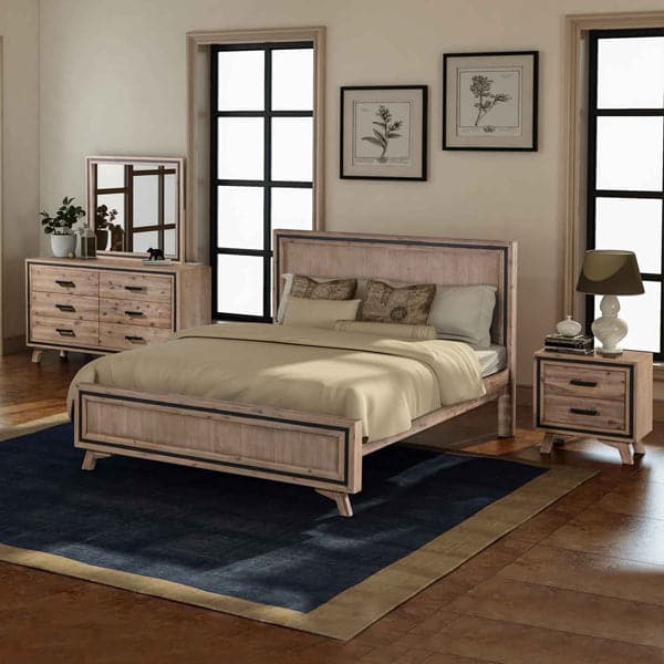 4 Pieces Bedroom Suite King Size Silver Brush in Acacia Wood Construction Bed, Bedside Table &amp; Dresser-Furniture &gt; Bedroom-PEROZ Accessories